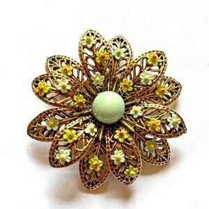 Arthur Pepper ART Gold Enamel Green & Yellow Flower Brooch Pin Vintage Signed